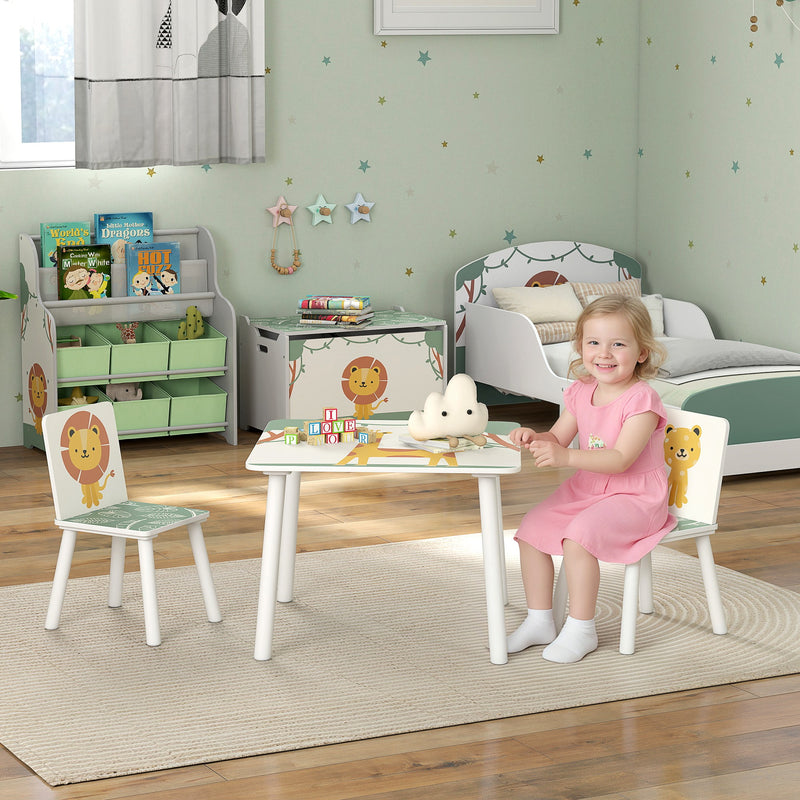 3 Piece Animal Themed Kids Table and 2 Chair Set with Storage for Playroom or Bedroom, Green