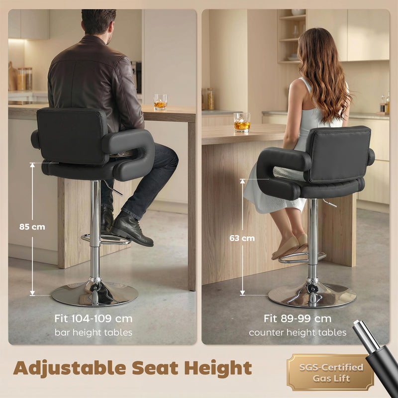 Adjustable Bar Stools with Padded Armrests for Comfortable Kitchen Seating Set of 2 Black AOSOM