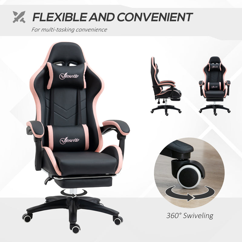 Reclining Gaming Chair With Footrest and Lumbar Support For Office or Home Use, Black and Pink
