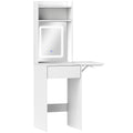 Compact Vanity Desk with LED Mirror Drop Leaf and Storage Shelves for Bedroom, White