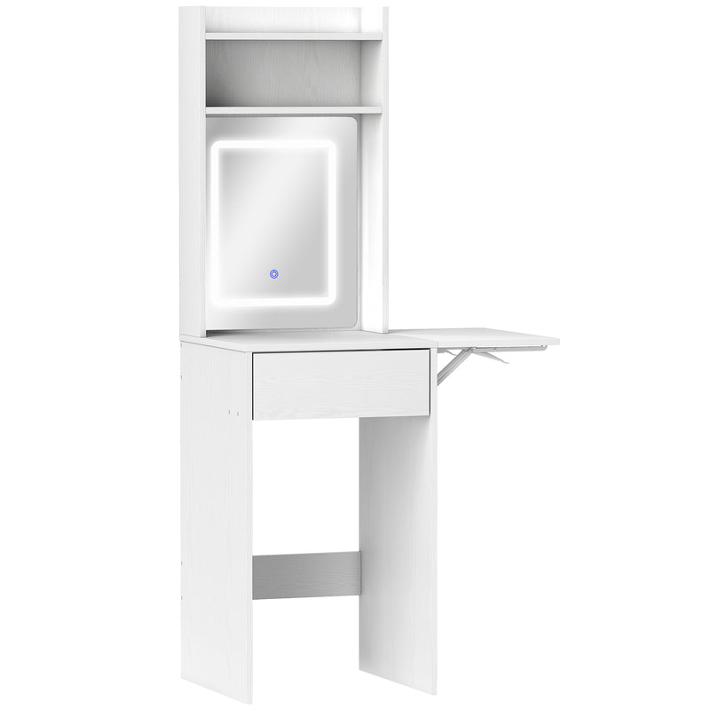 Compact Vanity Desk with LED Mirror Drop Leaf and Storage Shelves for Bedroom, White