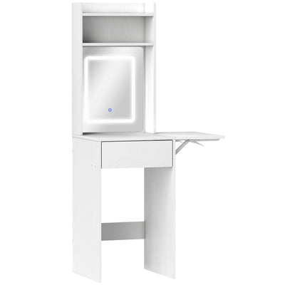 Compact Vanity Desk with LED Mirror Drop Leaf and Storage Shelves for Bedroom, White
