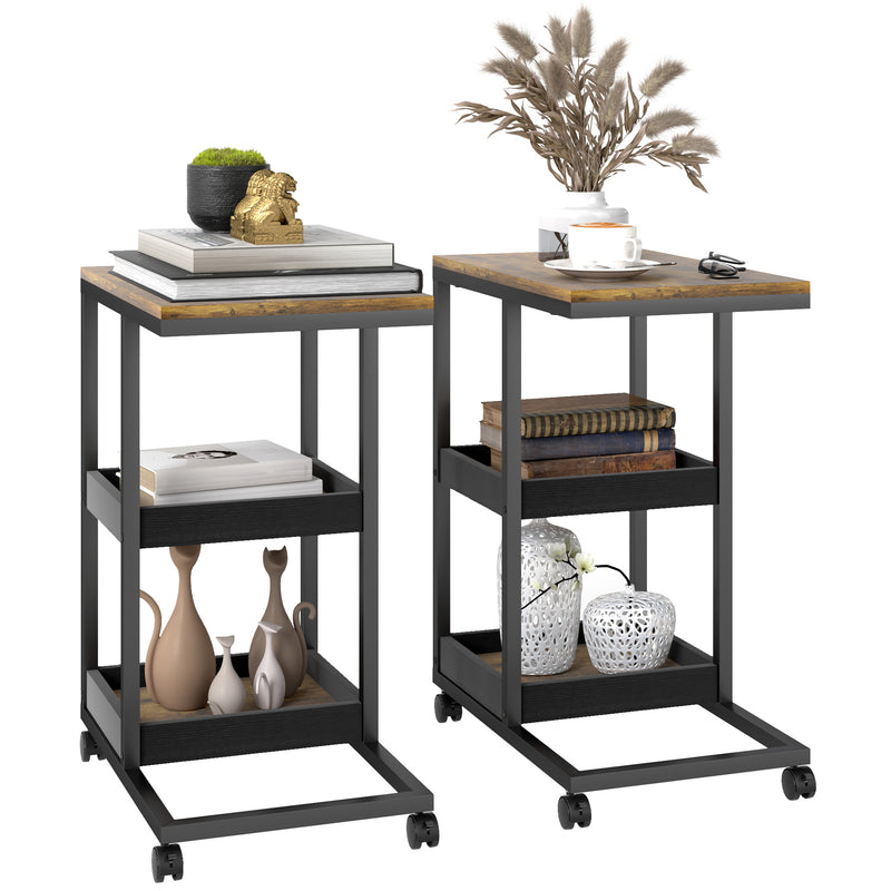 Set of 2 C Shaped Sofa Side Tables with Lockable Wheels and 3 Tier Storage, Dark Brown