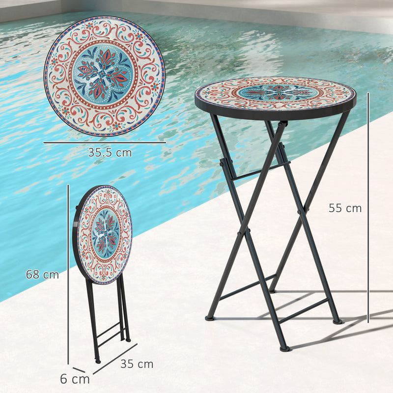 Multicolour Mosaic Folding Round Garden Table 35.5cm Metal Frame for Balcony