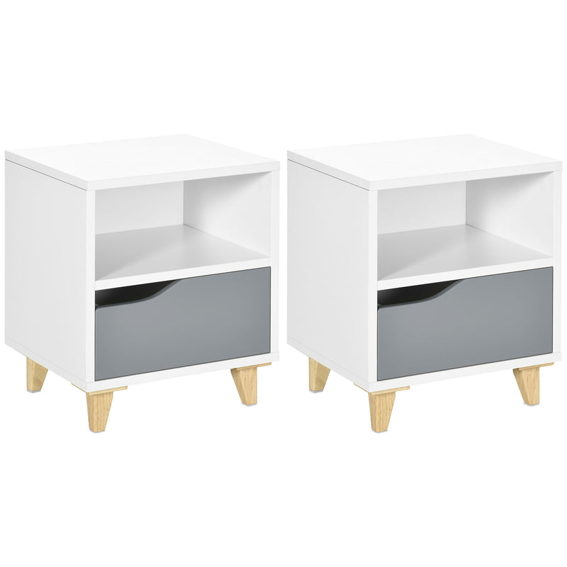 Set of 2 Bedside Tables with Storage Shelves and Drawers for Bedroom White and Grey AOSOM