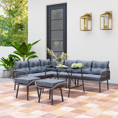 6 Seater Rattan Patio Furniture Set with Cushions and Table Charcoal Grey by Outsunny