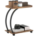 Industrial 2 Tier Mobile C Shaped Side Table with Wheels and Storage Shelf