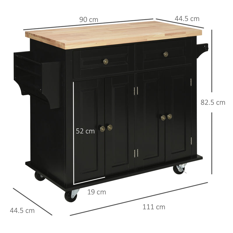 Black Rolling Kitchen Island Trolley with Rubber Wood Top and Storage by HOMCOM