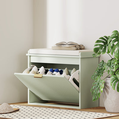 Green Upholstered Shoe Storage Bench with Padded Seat for Hallway or Bedroom