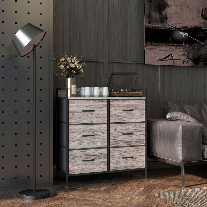 Rustic Storage Chest with Six Fabric Drawers Ideal for Bedroom or Hallway Grey Wood Effect