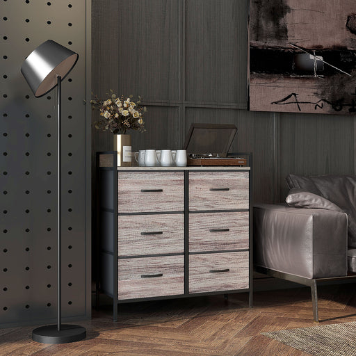 Rustic Storage Chest with Six Fabric Drawers Ideal for Bedroom or Hallway Grey Wood Effect