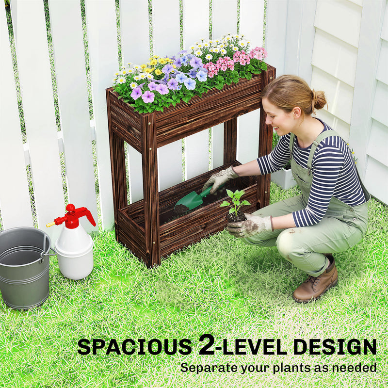 Raised Wooden Planter with 2 Compartments for Easy Gardening at Comfortable Height Carbonised Outsunny