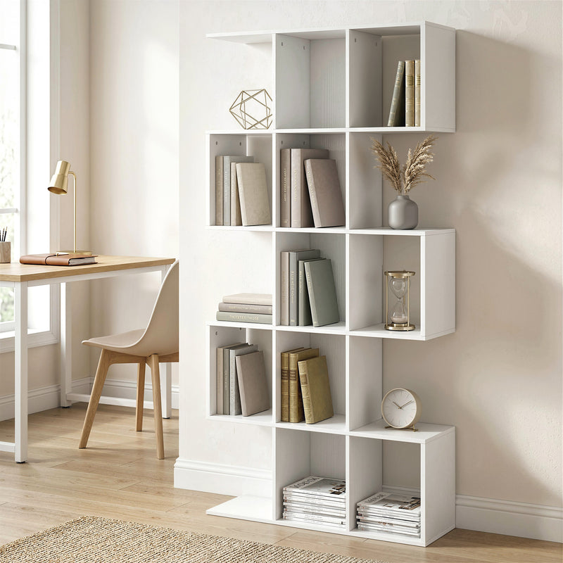 HOMCOM 5-Tier Bookshelf, S Shaped Geometric Bookcase with 15 Compartments, White Wood Effect AOSOM