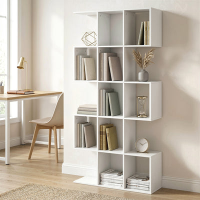 HOMCOM 5-Tier Bookshelf, S Shaped Geometric Bookcase with 15 Compartments, White Wood Effect AOSOM
