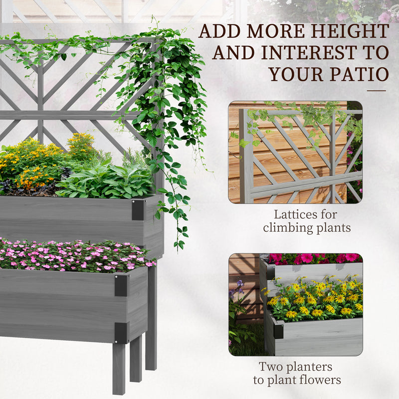 2 Tier Wooden Raised Garden Planter With Trellis For Vegetables Herbs And Flowers Grey Outsunny