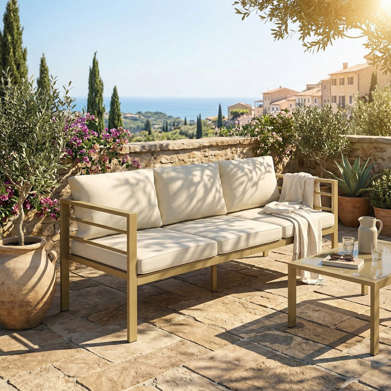 Outsunny Garden Bench with Cushions, 3-Seater Sofa with Backrest, Armrest and Back Cushions, 185 x 66 x 64cm, Cream White AOSOM