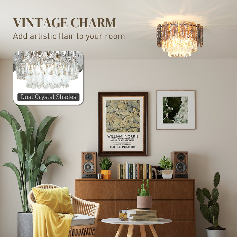 3 Light Vintage Ceiling Chandelier Flush Mount With Crystal Glass Shades For Living Room Gold