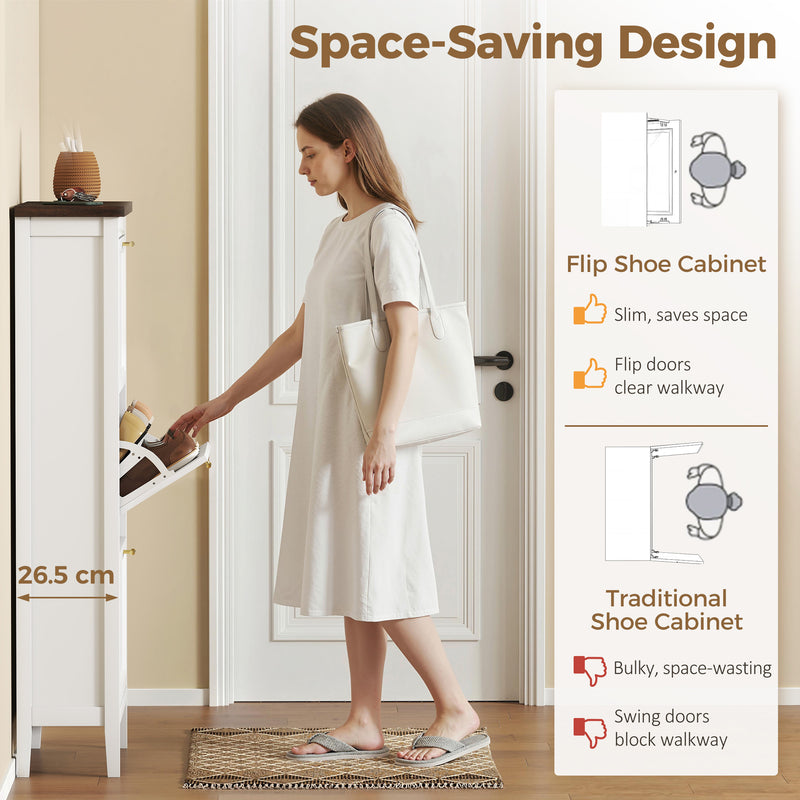 Slim Shoe Storage Cabinet for Narrow Hallways with 3 Flip Drawers and Adjustable Shelves White 60 x 26 x 134 cm Homcom