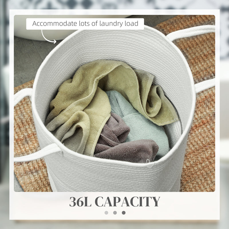 36L Cotton Rope Laundry Basket With Handles Ideal For Bedroom Or Bathroom, Cream White