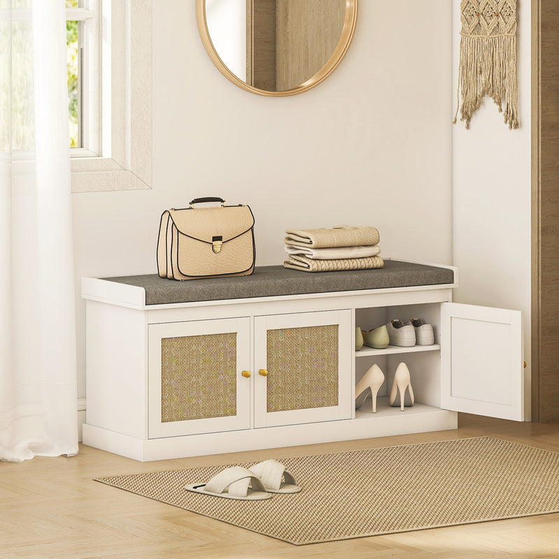 Shoe Storage Bench With Woven Rattan Doors And Padded Seat For Hallway, White, 105x35x47cm