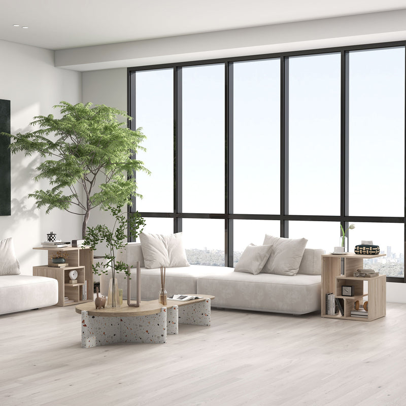 Set of 2 Three Tier Side Tables with Open Storage for Living Room or Bedroom, Oak