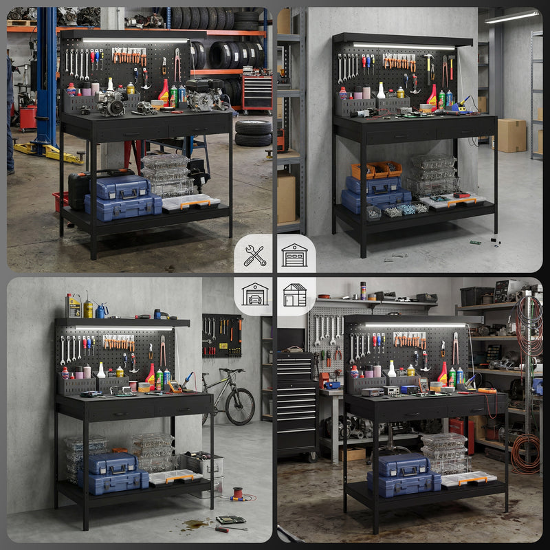 Workbench with Storage, LED Light and Power Outlets for Garage or Workshop Black AOSOM