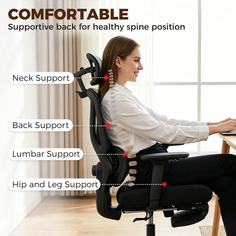 Ergonomic Office Chair with Adjustable Support and Reclining Leg Rest for Home Working Black