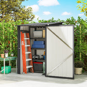 Shed door open on a garden deck showing a ladder, tools and storage boxes inside