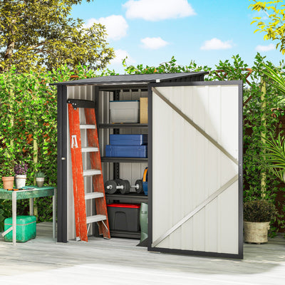 Shed door open on a garden deck showing a ladder, tools and storage boxes inside
