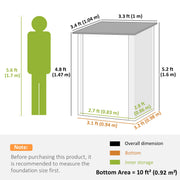 Dimension diagram with human silhouette showing overall, base footprint and inner storage measurements