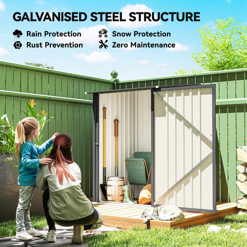 Family in the garden beside the shed, galvanised steel structure and weather protection callout
