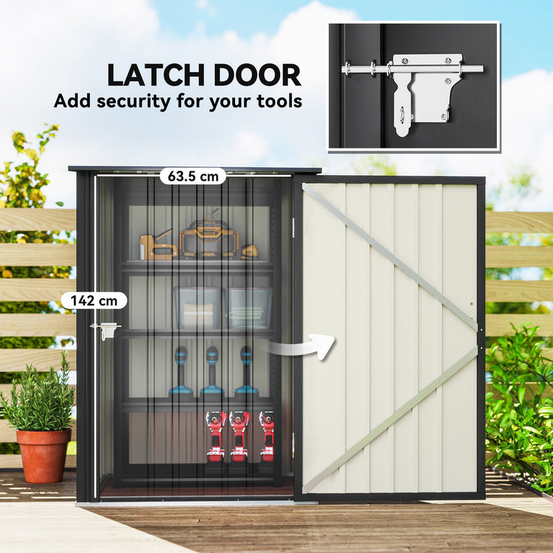 Close-up of the open latch door with 63.5cm width and 142cm height callouts and hardware detail