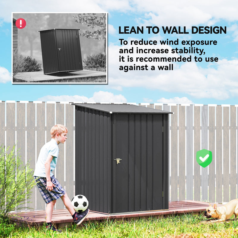 Boy playing football beside the shed, lean-to wall design callout for reduced wind exposure