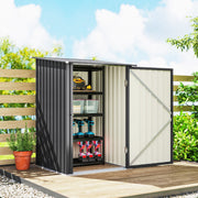 Shed door open on decking showing shelving with tools and power tools inside