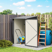 Shed door open in a garden showing a hose reel, ladder and water butt beside it