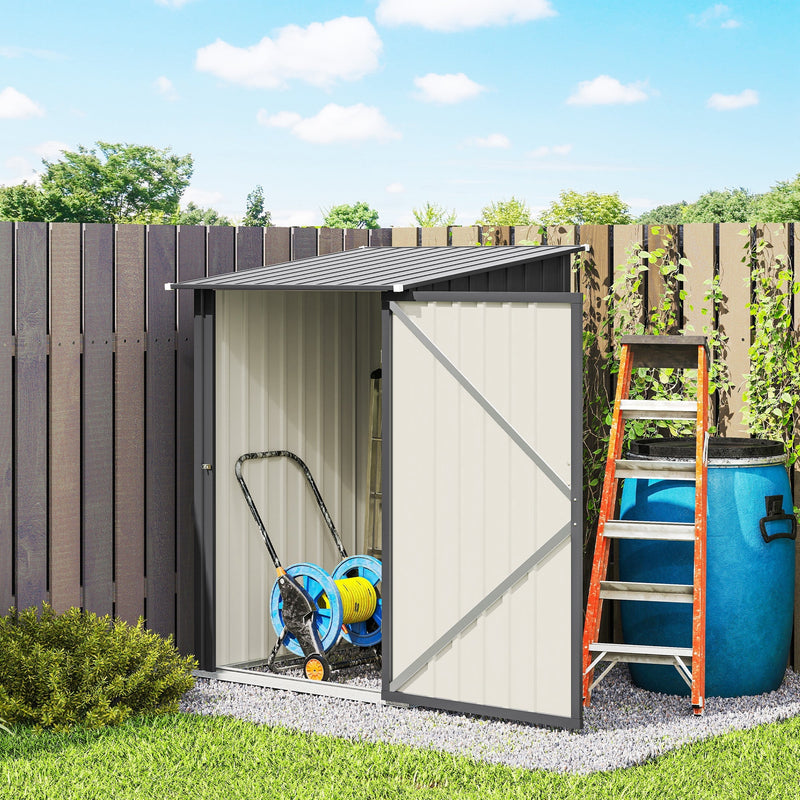 Shed door open in a garden showing a hose reel, ladder and water butt beside it