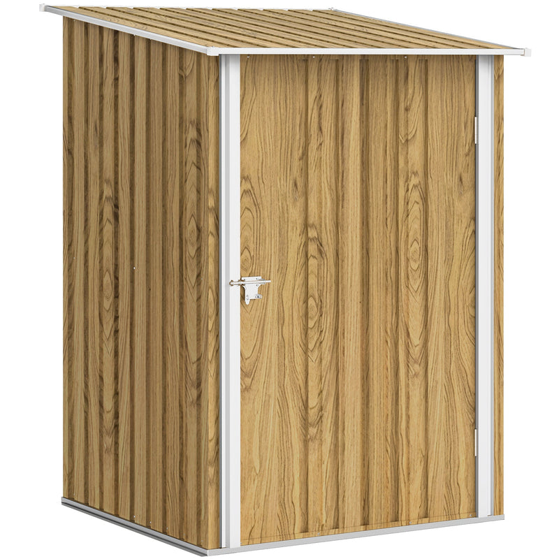 Outsunny lean-to steel garden shed in light brown wood-effect finish with white door and trim, closed door studio shot