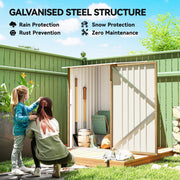 Family in the garden beside the shed, galvanised steel structure callout for rain, snow and rust protection