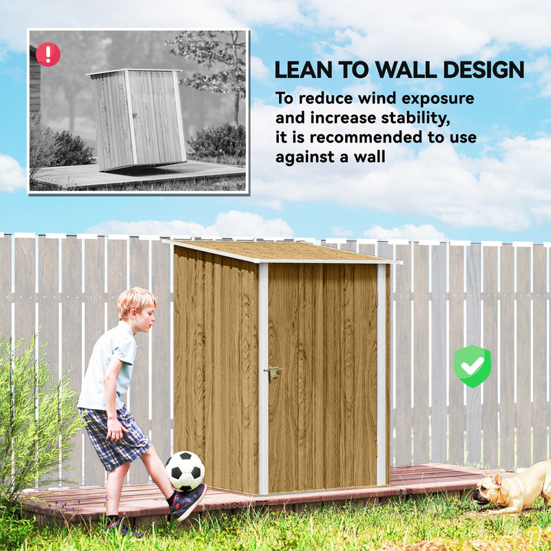 Boy playing football beside the shed, lean-to wall design callout for reduced wind exposure