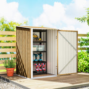 Shed door open on decking showing shelving with tools and power tools inside