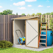 Shed door open in a garden showing a hose reel, ladder and a water butt beside it