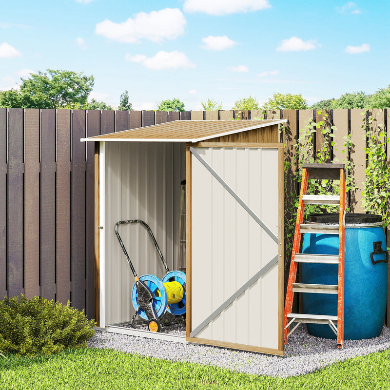 Shed door open in a garden showing a hose reel, ladder and a water butt beside it