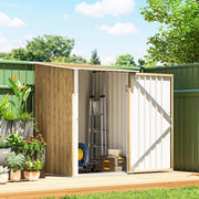 Shed door open beside potted plants showing a ladder and storage boxes inside