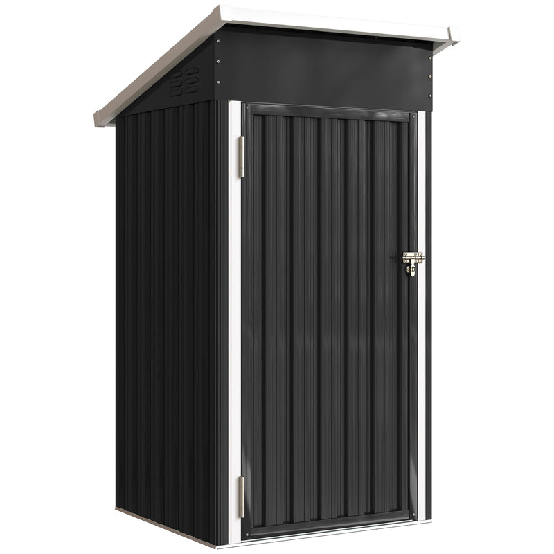 Dark grey 3.5x3ft metal storage shed with sloping roof and latch door