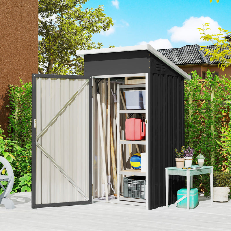 Shed with the door open on a patio showing shelves and garden tools