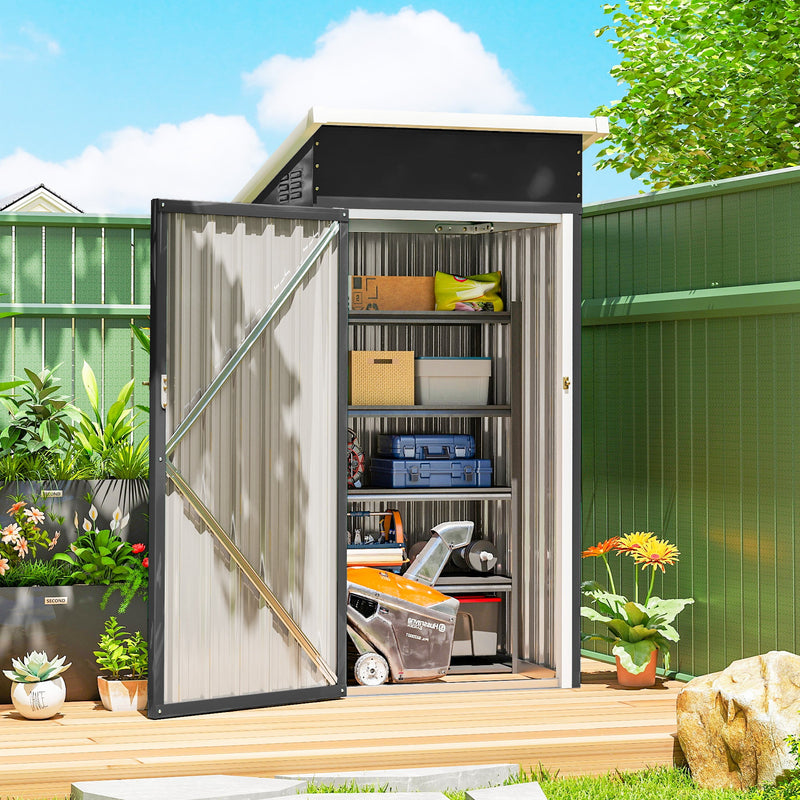 Metal shed with the door open showing shelves of boxes and a lawnmower