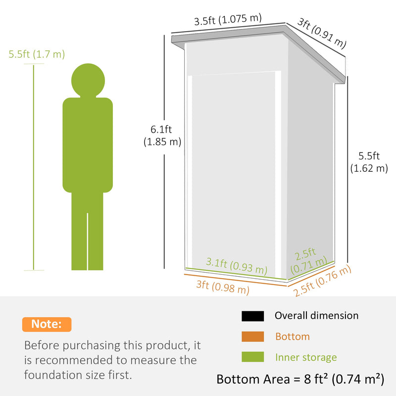 Dimensions diagram of the shed: 107.5 cm wide, 91 cm deep and 185 cm high