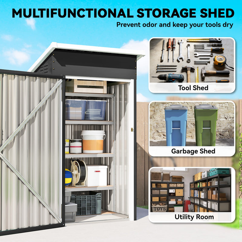 Metal shed with tool shed, garbage shed and utility room uses labelled