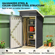 Metal shed with rain, rust, snow and zero maintenance icons beside open door