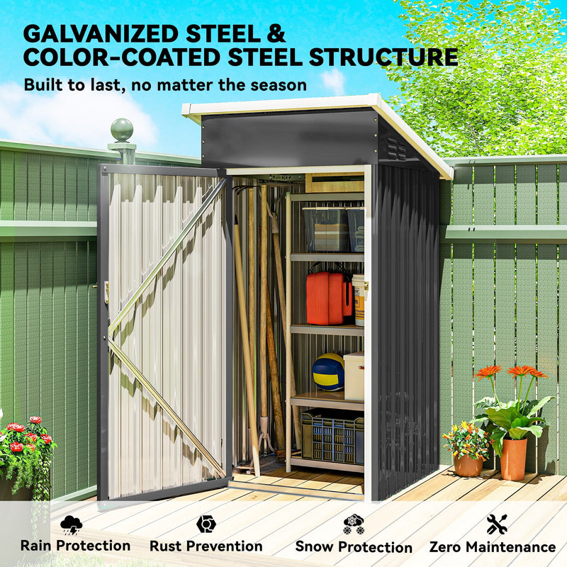 Metal shed with rain, rust, snow and zero maintenance icons beside open door